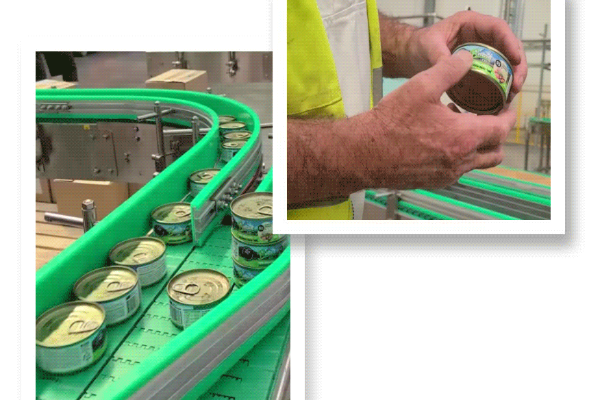 Production line and product inspection process of BREEZEN pâté cans.