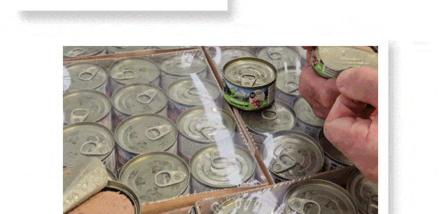 Packaging and checking process for completed BREEZEN pâté cans.