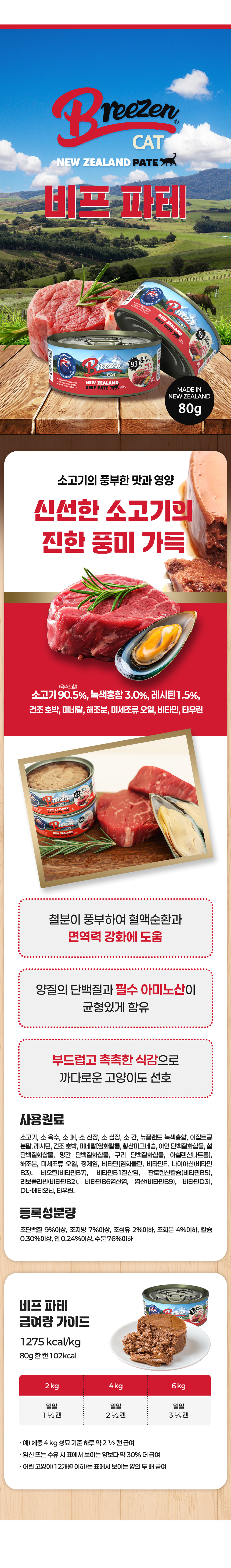 Beef pâté 80g. Uses 90.5% beef (including broth), 3.0% green-lipped mussels, 1.5% lecithin, plus dried pumpkin, minerals, seaweed powder, microalgae oil, vitamins, and taurine. Crude protein 9%+, crude fat 7%+, crude fiber ≤2%, ash ≤4%, calcium ≥0.30%, phosphorus ≥0.24%, moisture ≤76%. Includes feeding guide by flavor.
