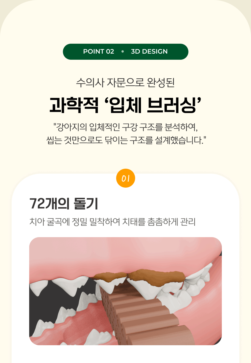 POINT 02 3D DESIGN - 72개의 돌기가 치아 굴곡에 정밀 밀착하여 치태를 촘촘하게 관리하는 입체 브러싱 구조