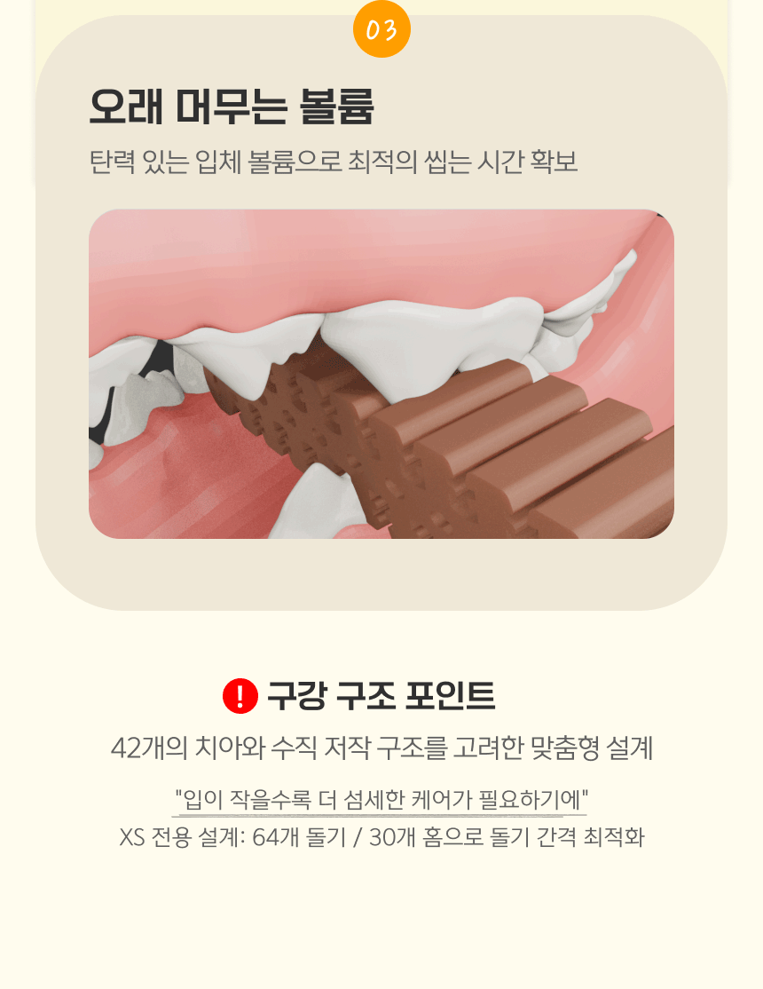 오래 머무는 볼륨 - 탄력 있는 입체 볼륨으로 씹는 시간 확보, 42개 치아 구조를 고려한 설계와 XS 전용 64개 돌기·30개 홈