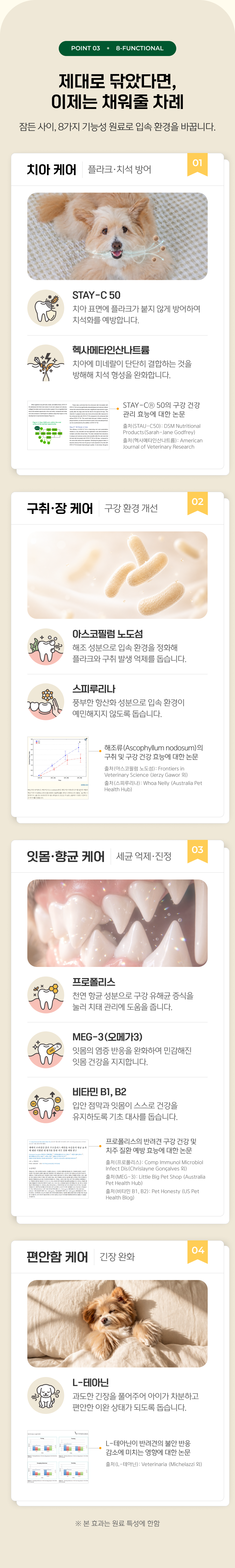 POINT 03 8-FUNCTIONAL - 8가지 기능성 원료(STAY-C 50, 헥사메타인산나트륨, 아스코필럼 노도섬, 스피루리나, 프로폴리스, MEG-3, 비타민 B1·B2, L-테아닌)와 논문 근거