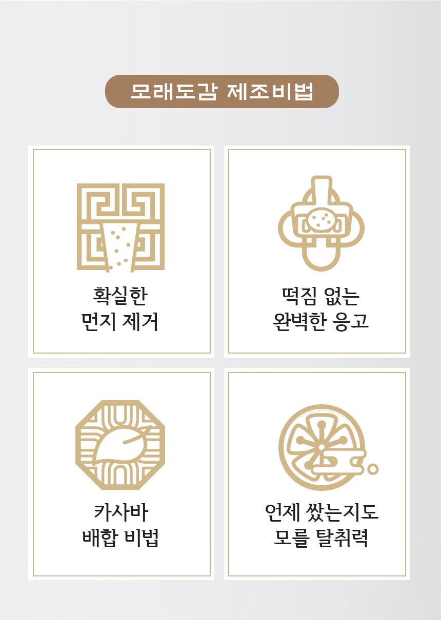 모래도감의 네 가지 제조 포인트: 먼지 제거, 떡짐 없는 응고, 카사바 배합, 탈취력.