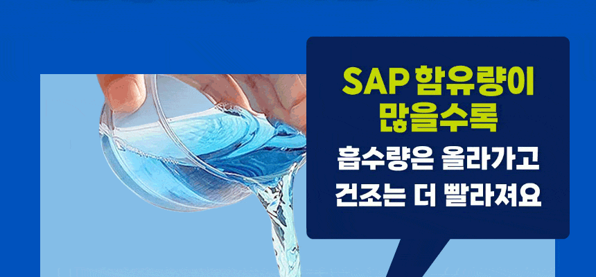SAP 함유량이 많을수록 흡수량이 올라가고 표면 건조가 빨라진다는 제품 설명.