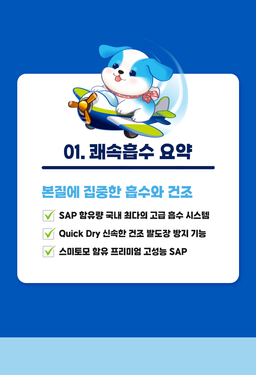 쾌속흡수 요약. 고함량 SAP 흡수 시스템, Quick Dry 신속한 건조와 발도장 방지 기능, 스미토모 함유 프리미엄 SAP.