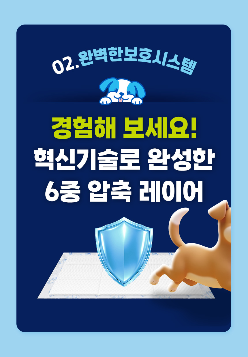 02 보호 시스템. 6층 압축 레이어로 완성한 포우리 퀵드라이 배변패드.
